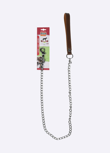 Laisse chaine métal et poignée cuir Marron