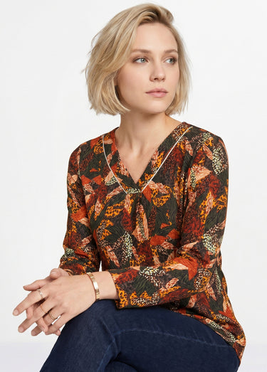 T-shirt long col V évasé manches longues Epice/Miel