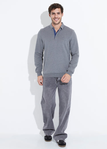 Sweat col polo, intérieur molletonné Gris