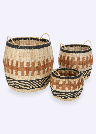 Set de 3 paniers tressés style ethnique Camel/Noir/Naturel