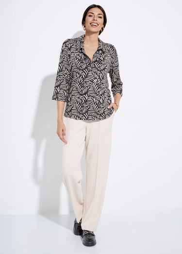 Chemisier fluide feuillage et col tailleur Noir/Ecru