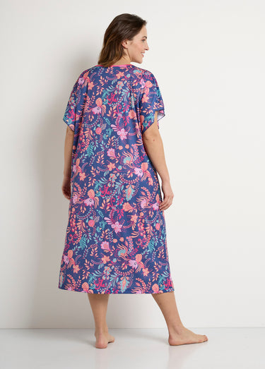 Robe d'hôtesse longue satinée imprimé floral Fond Marine