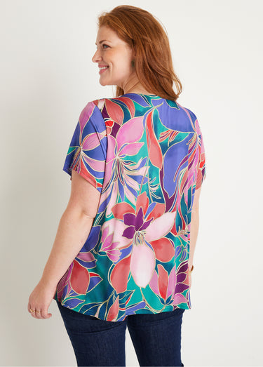 T-shirt ample long fleuri manches courtes Rose/Vert
