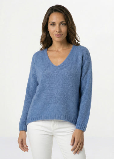 Pull chaud col V en maille avec mohair Bleu denim