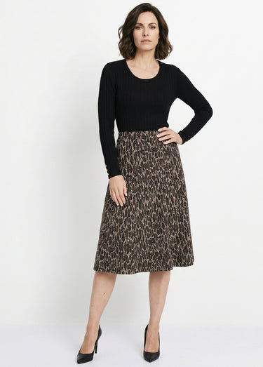 Jupe longue évasée maille jacquard Marron Leopard