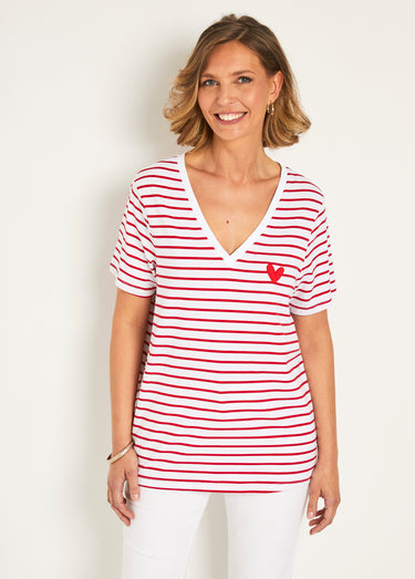 T-shirt rayé col V avec broderie cœur Raye Rouge