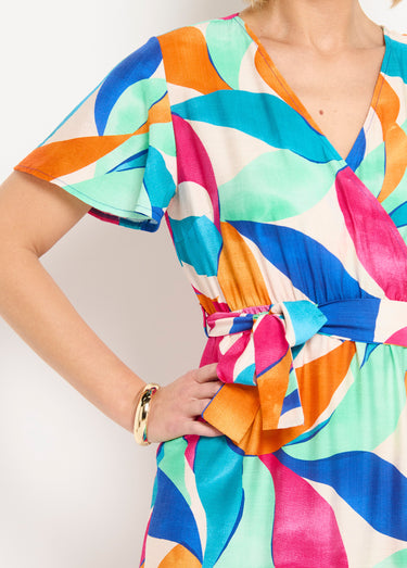 Robe longue cache-coeur volantée manches courtes Orange/Bleu
