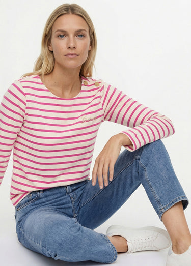 Marinière rayée manches longues, Bisou Magenta / écru