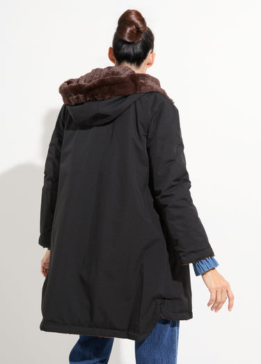 Parka réversible fourrure, avec capuche Noir