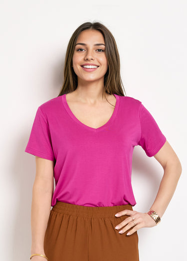 T-shirt fluide col V manches courtes Bougainvilliers