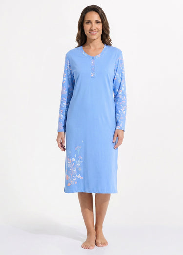 Chemise de nuit mi longue coton uni motif fleuri Imprimé bleu/rose