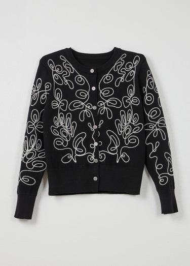 Gilet cardigan boutonné court brodé Noir/Ecru