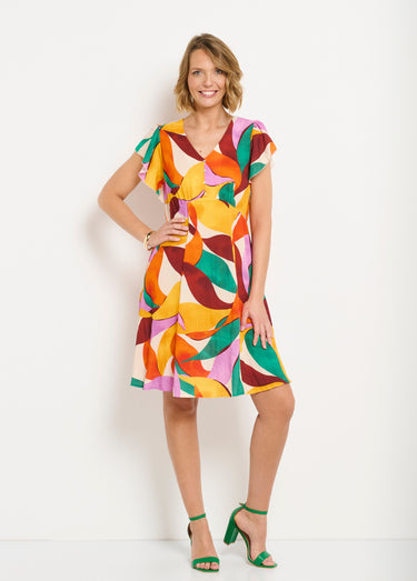 Robe col V courte aspect lin imprimé floral Orange/Vert