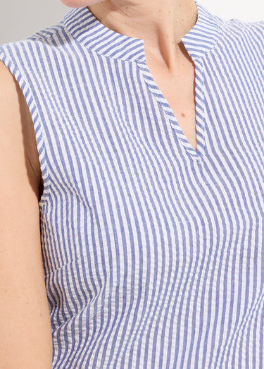 Robe seersucker rayé sans manches volantée Bleu / Blanc