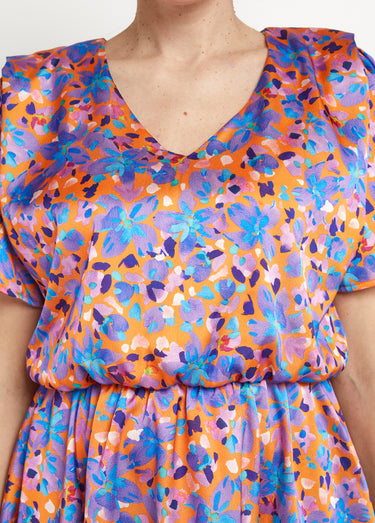 Robe courte satinée col V, motif fleuri Orange/Violet