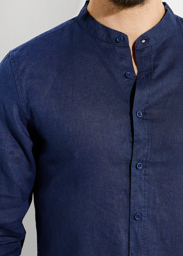 Chemise lin col mao, manches longues Bleu