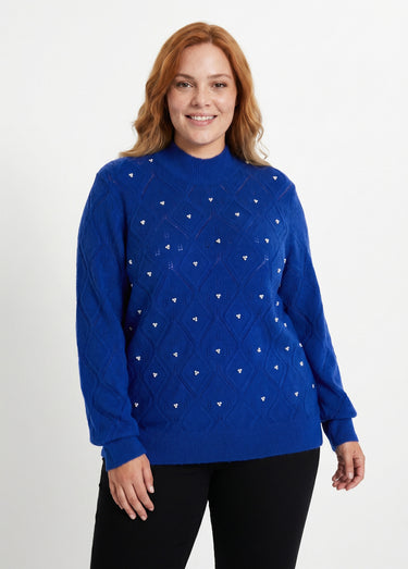 Pull doux ajouré perlé col montant Bleu
