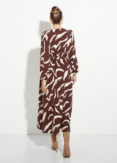 Robe longue imprimée taille plissée col V Marron