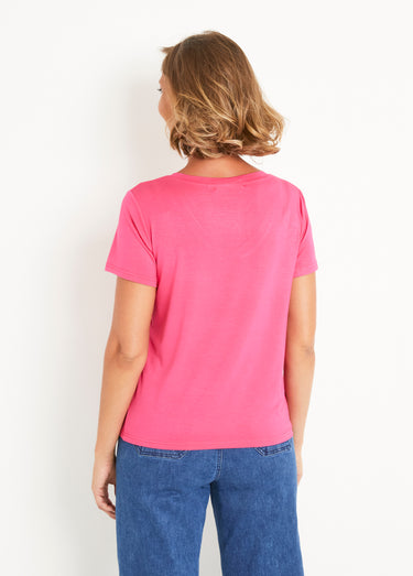 T-shirt fluide col V manches courtes Fuchsia