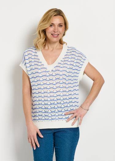 Pull sans manches col V ajouré bicolore Ecru/Bleu