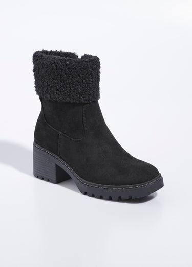 Boots suédine à talon, revers fourrure Noir