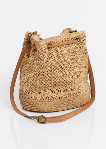 Mini sac seau en paille ajourée Taupe