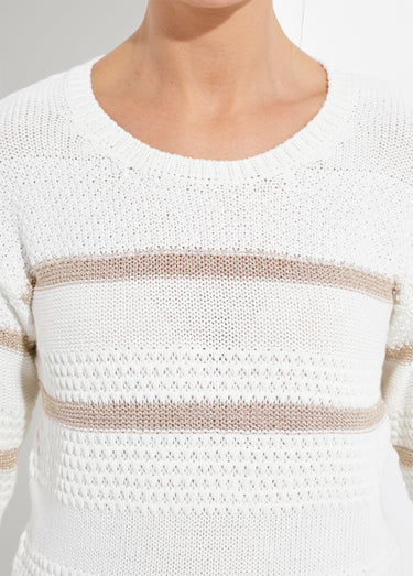 Pull doux rayé col rond maille fantaisie Écru / Doré