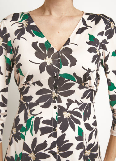 Robe fleurie boutonnée col V et manches 3/4 Beige/Noir