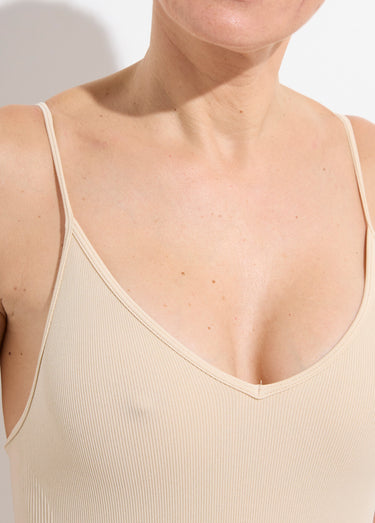 Body sculptant col V, jersey cotelé Beige