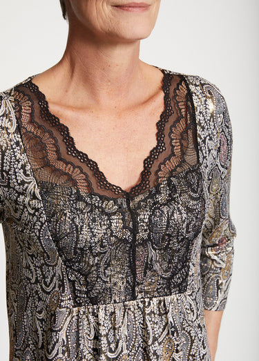 Robe imprimée empiècement dentelle Fond Noir