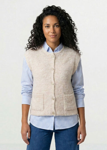 Gilet sans manches boutons dorés maille bouclette Beige