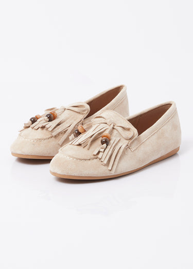 Mocassins plats, avec franges et perles Taupe