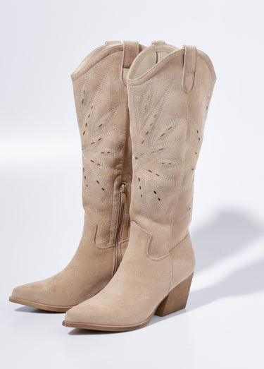 Bottes brodées western à talon biseauté Beige