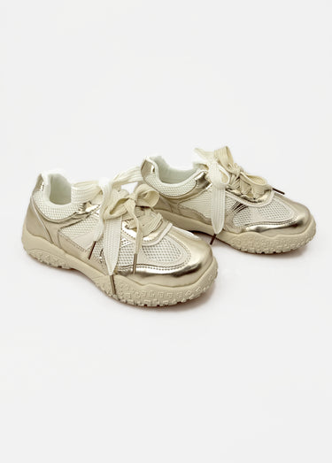 Sneakers multimatières + 2 paires lacets Beige Dore