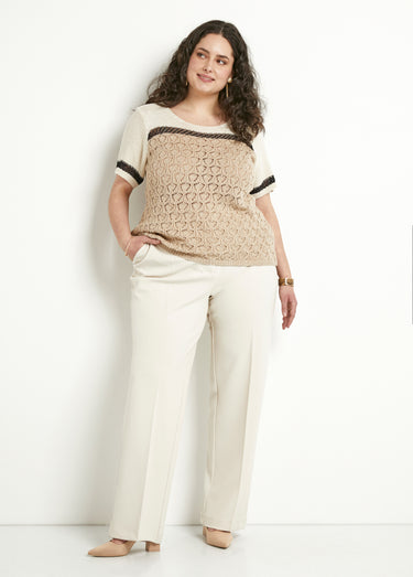 Pull doux brillant manches courtes col rond Beige/Noir