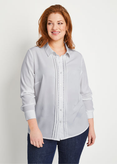 Chemisier uni boutonné long strass col chemise Argent