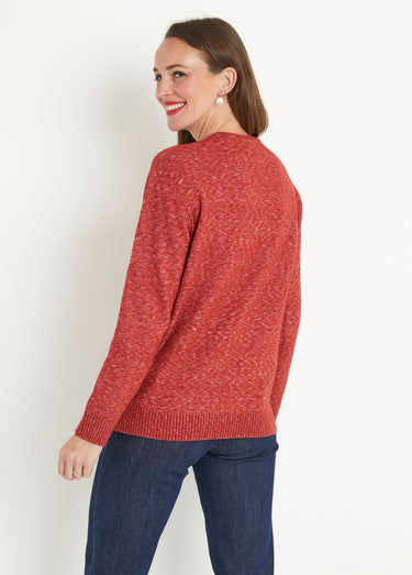 Pull chiné court col rond avec laine Brique