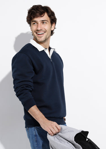 Sweat shirt avec col polo contrasté Marine