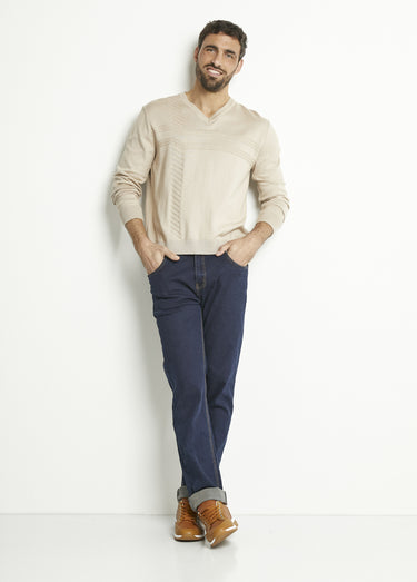 Pull col V manches longues coton Beige