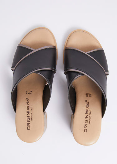 Mules brides croisées talon effet bois Noir