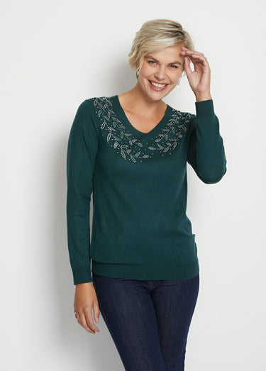 Pull col V strassé manches longues Vert Sapin