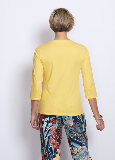 T-shirt manches 3/4 col brodé clouté Jaune