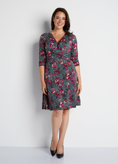 Robe courte cache-coeur en maille Imprime Fuchsia