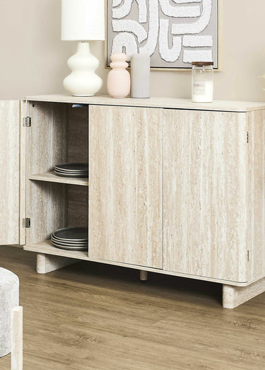 Buffet 3 portes effet pierre  travertin Blanc/Beige