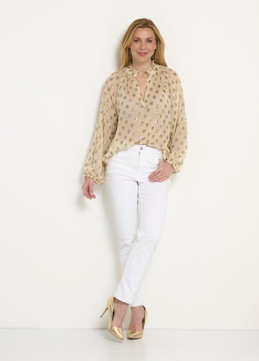 Blouse voile motifs métallisés encolure V Ecru