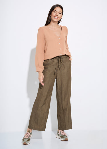Pantalon fluide élastiqué twill uni Kaki