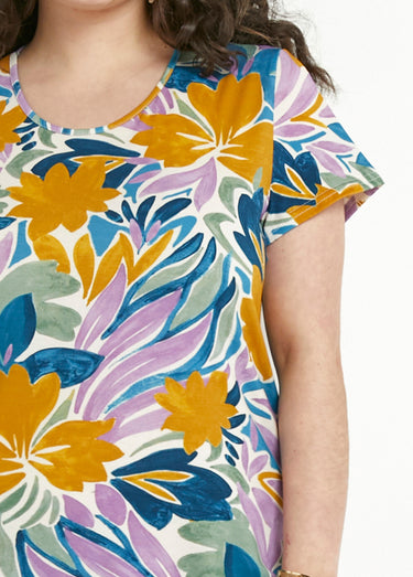 Robe T-shirt fleurie manches courtes Parme/Ocre