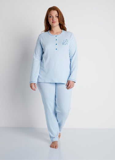 Pyjama 2 pièces coton, broderie poitrine Bleu