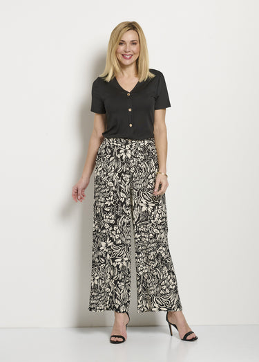 Pantalon large taille élastiquée fleuri ou uni Noir/Ecru