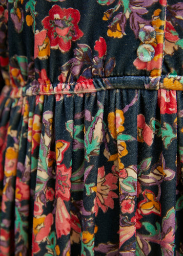 Robe courte velours ras fleuri col V évasée Marine/Rose